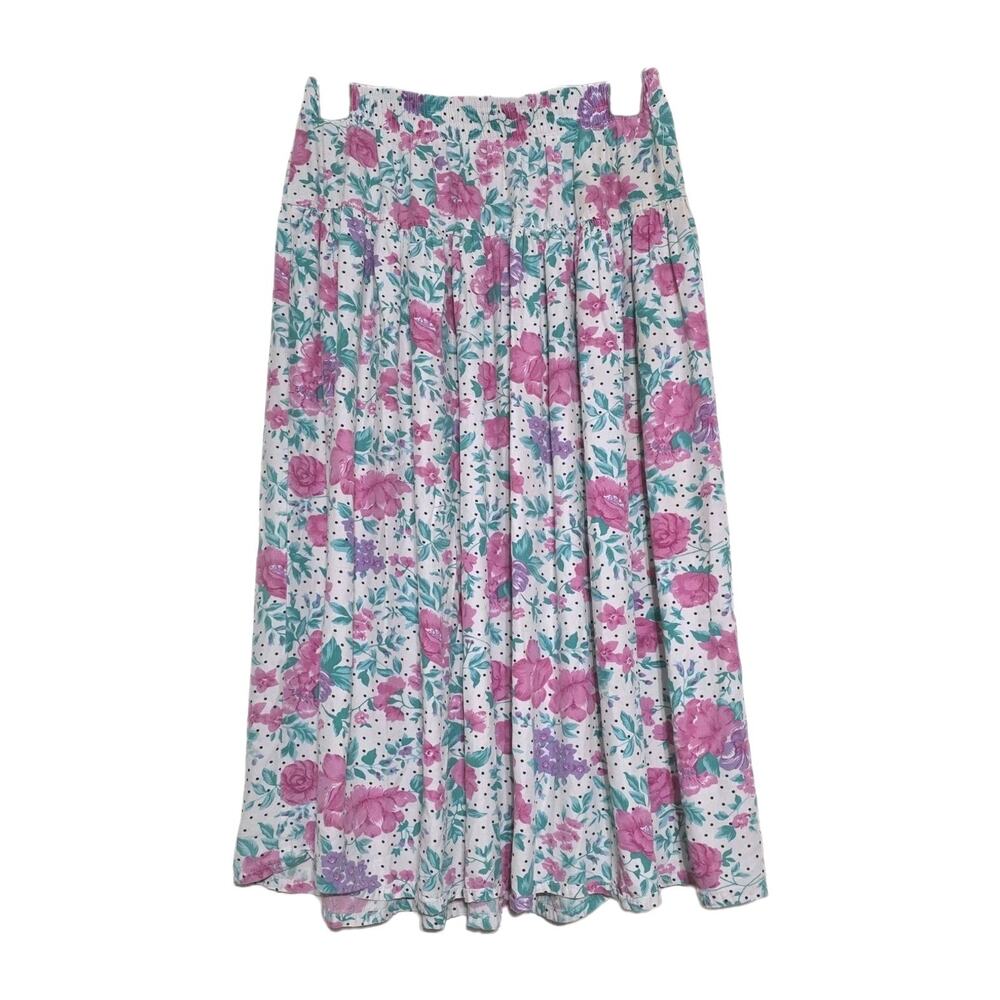 Vintage Floral Polka Dot Midi Skirt Womens S Teal Pink Grandmacore Artsy 90s